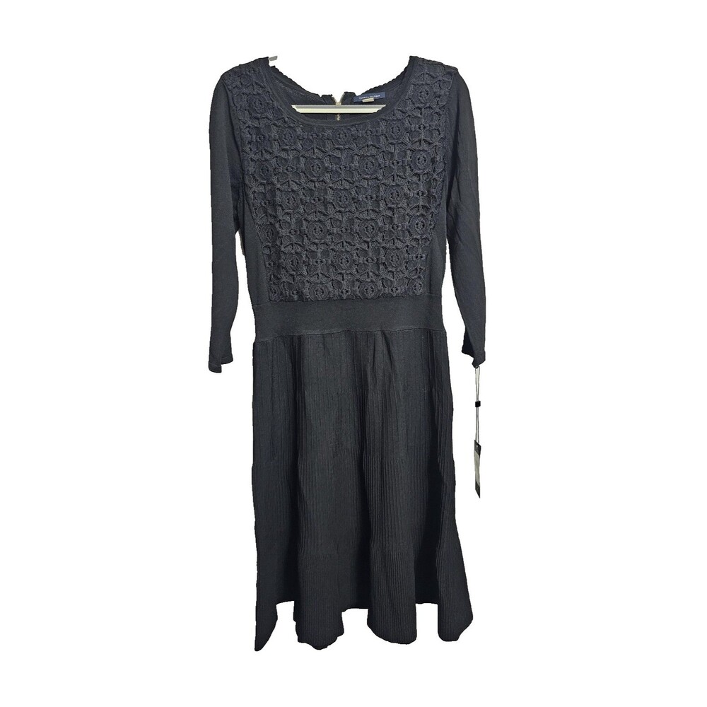 NWT Tommy Hilfiger Dress Womens M Black Sweater Fit & Flare Midi Crochet